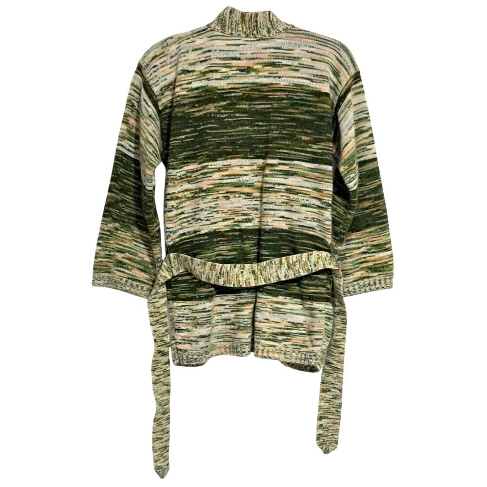 Vintage 70s Pandora Green & Cream Knit Open Front Cardigan Sweater With Belt - Picture 4 of 8